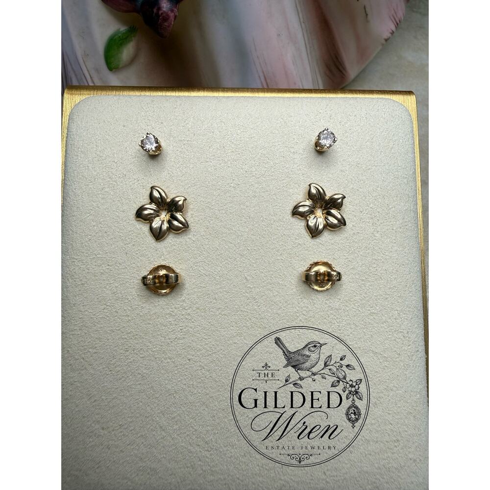 14K Gold Diamond Stud Earrings Removable Flower Jackets Butterfly Backs .30 CTW